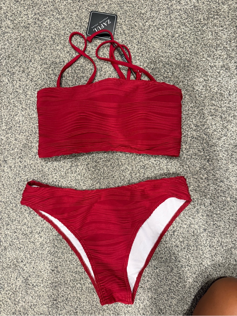 Small Red Ribbed Bandeau Bikini Set - Women Swim